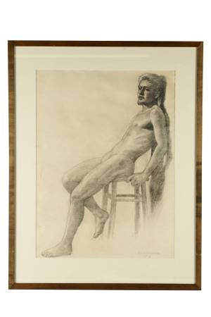 Pencil Drawing On Paper Seated Male Nude Artist Signed 1