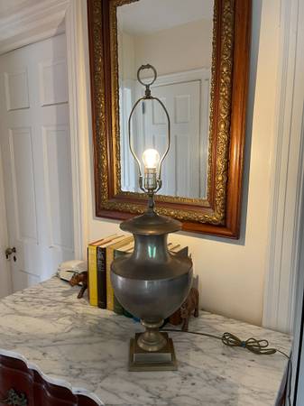 Platypus 31" Pewter Table Lamp with Brass Harp and Finial 1