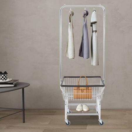 Single rolling clothes rack on wheels with shelves 1