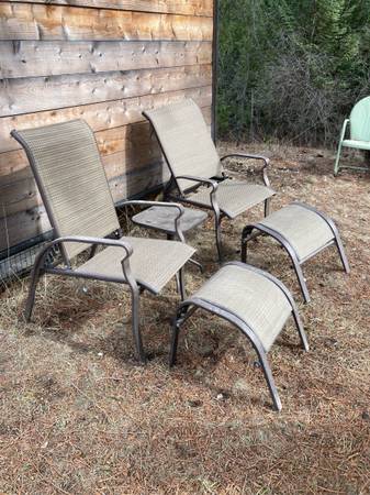 2 Outdoor Reclining Chairs w:Ottomans Table 1