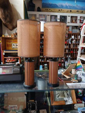 PAIR gruvwood cylindrical base table lamps w/ original shades 1