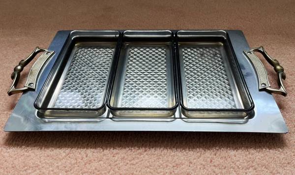 KROMEX Chrome 3 Section Server Tray with Bronze Bow Handles. 1