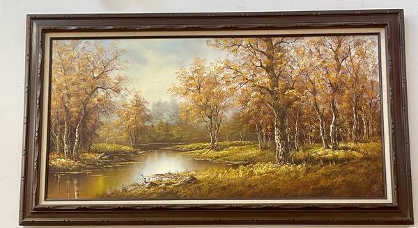 Autumn Landscape, Trees and River, Large Framed Oil Painting on Canvas 1