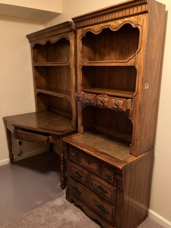 Vintage wood desk and dresser with dual hutch 1