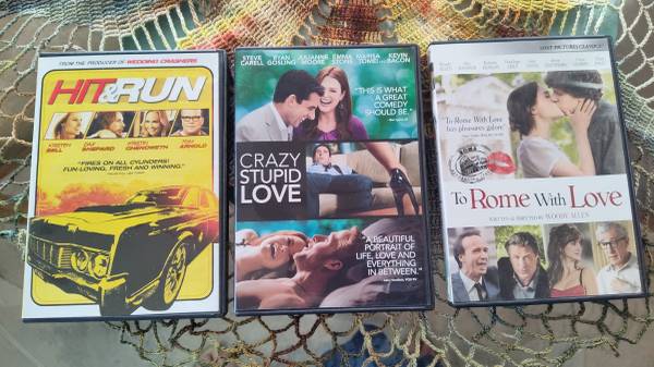 4 DVDs - Hit & Run/Crazy Stupid Love/To Rome with Love/YaYa Sis - ea 1