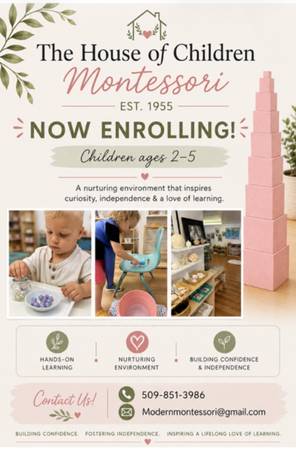 Escuela Montessori para preescolares ya inscribiendo niños de 2 a 5 años (Kennewick)