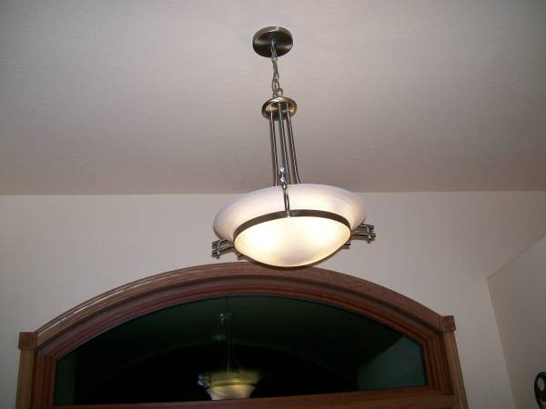 CEILING: 3 L.E.D. LIGHT BULBS, BRUSHED NICKEL HANGING LIGHT FIXTURE - $19 (RAWSON/44TH IN FRANKLIN, WI.)63470460496641121