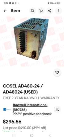 COSEL AD480-24 / AD48024 (USED) SWITCHING POWER SUPPLY, 1