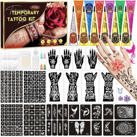 217 PCS Temporary Tattoo Stencil Kit with 12 Tattoo Cones in 9 Colors, 1
