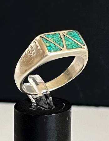 VTG. Native Sterling Silver Green Blue Inlay Turquoise Ring 12 1/2 1