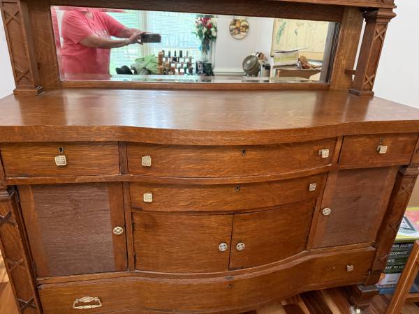 Antique Oak Sideboard Buffet with Original Beveled Mirror 1