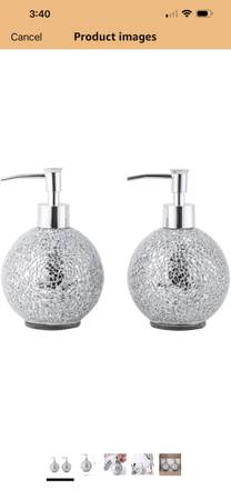 TWO Crushed Mirror Glass Mosaic Round Soap Dispenser Set- Silver Chrome 1