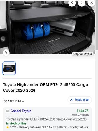CARGO COVER - OEM - Retractable for Toyota Highlander 2020-2026 1