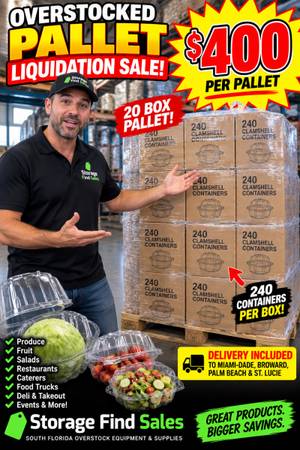 CLAMSHELL CONTAINERS OVERSTOCKED PALLET SALE — WAY BELOW WHOLESALE  Massive ov 1