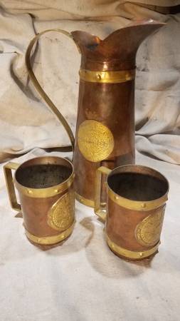 Antique Copper Mugs & Pitcher 1