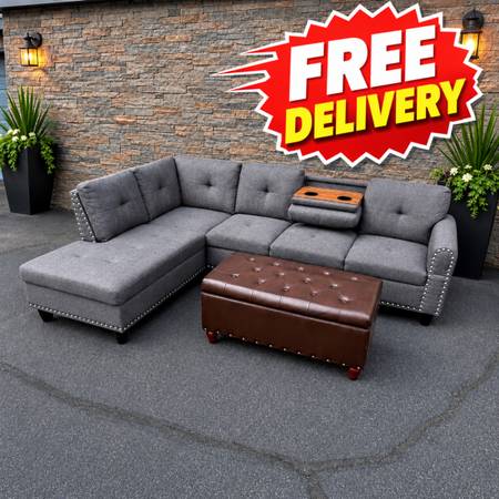 Modern Gray Sectional Couch W/Cup Holders & Lift Up Storage Ottoman (FREE DELIVE 1