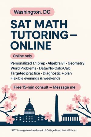 SAT Math Tutor – 23 Years Experience – Online – $70/hr – DC Metro Area 1