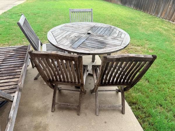 Solid Teak Outdoor Patio Dining & Lounge Set (Table, 4 Folding Chairs, 1