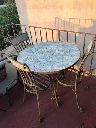 Stone patio table and 3 matching chairs and pads - $150 (Albany)63437106771073121