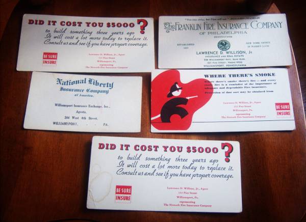 5 Fire Insurance Print Ad Unused Blotters from Wmspt. Firm 1