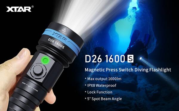 New! Xtar D26 1600S Scuba Dive Light! Bright, 5-degree Beam! Lithium! 1