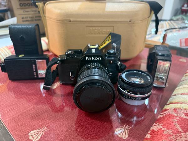 Nikon EM 35mm Vintage Film Camera Lot with Case, 2 Lenses, 2 Flashes 1