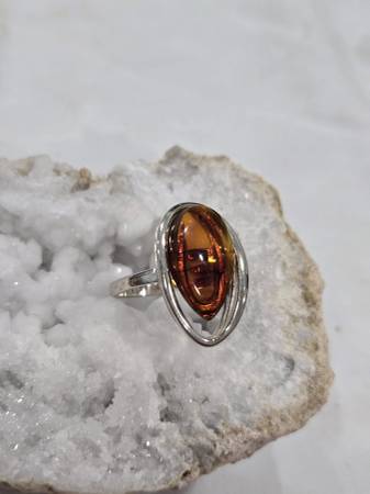 ADJUSTABLE SILVER PLATED RING - NATURAL BALTIC AMBER 1