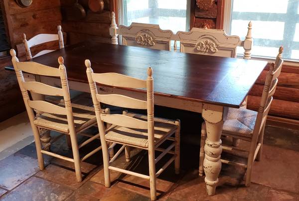Vintage Rustic Wooden Farmhouse Kitchen Dining Table 4Chairs and Bench 1