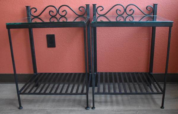 Two Black Wrought Iron Side Tables with glass tops 1