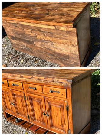 Reclaimed industrial rustic kitchen island seating overhang 1