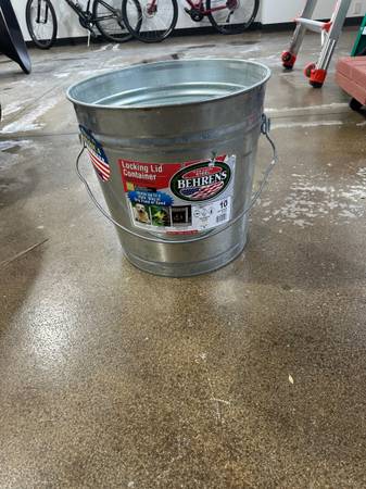 10 Gallon Galvanized containers with locking lids. 1