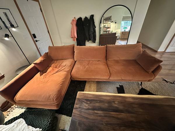 large, rust colored velvet/microfiber sectional couch 1