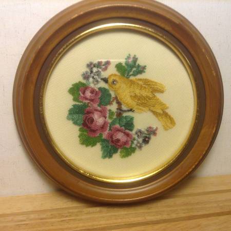3 X Vintage Needlepoint Embroidery Birds Flower Framed 1