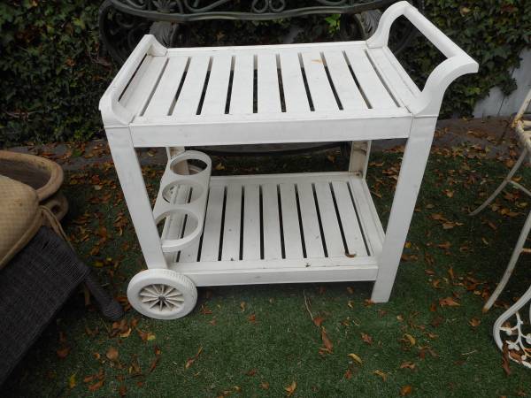 White Plastic trolley Garden Tray Table on Wheels 1