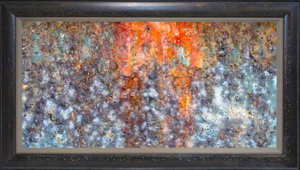 Closeup imager of rusting metal titled "Rust Pano: 20"x40" framed 1