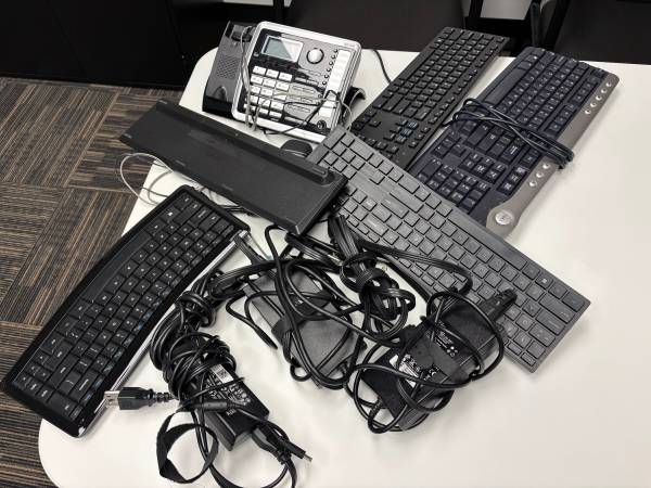 Computer Keyboard, Power Cords, landline Phone Set 1