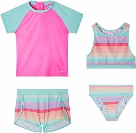 [NEW] Eddie Bauer Girls 4 Piece Reversible Swimsuit Set (Aqua, S(7-8)) 1