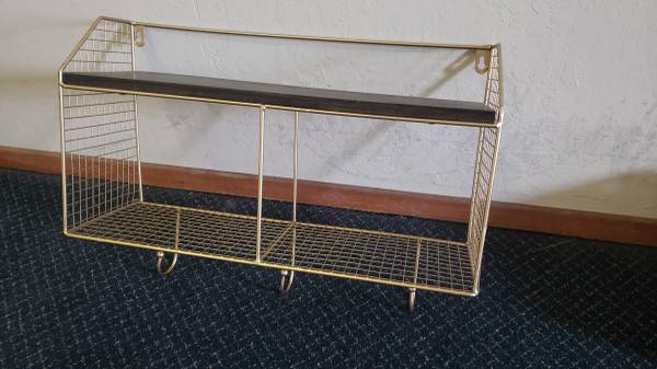 Wood and brass shelf coat rack 1