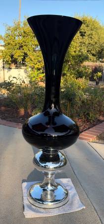 HUGE HAND BLOWN FLUTED DARK PURPLE AND CHROME BASED GLASS VASE!! 37” T 1