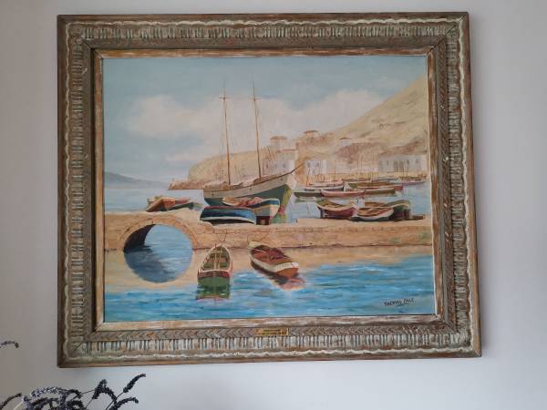 Vintage framed original oil painting Harbour Scene 1