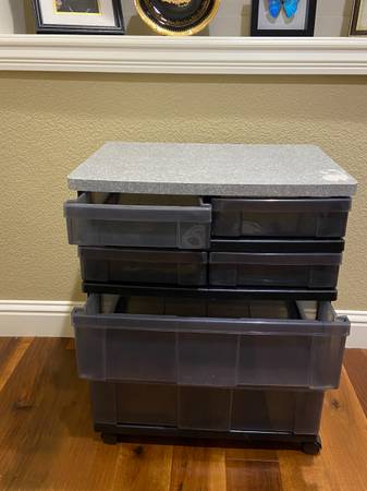 Printer table with plastic storage drawers 1