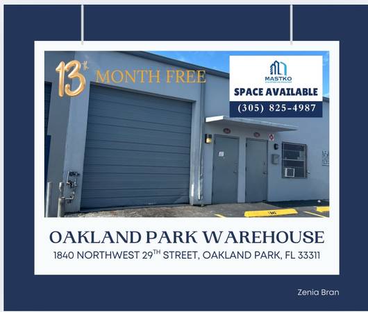 $2,250 / 1500ft2 - 3 Phase - Warehouse Space for Rent - ONE MONTH FREE - Oakland Park (Oakland park)64049274540417120