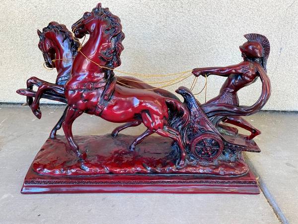 Large 23" maroon color sculpture of a Roman on a 2 horse chariot 1