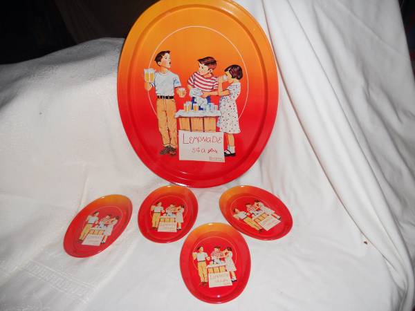 NORMAN ROCKWELL METAL TRAY SET - "LEMONADE STAND" 1