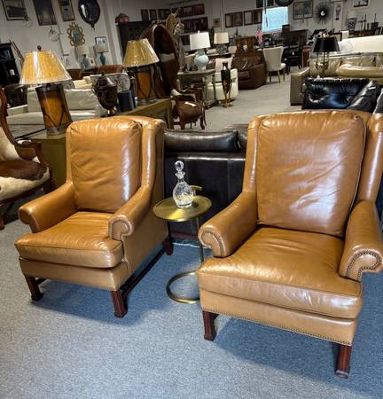 Pair of Hickory Chair  Leather Marbough Leg Wing Chairs 1