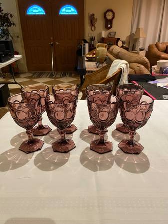 VINTAGE FOSTORIA CRYSTAL PLUM MOONSTONE PATTERN GOBLETS 1