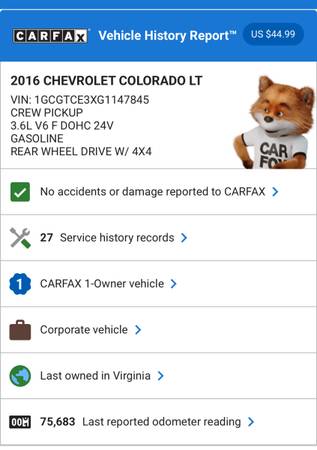 2016 Chevrolet Colorado LT CrewCab  4WD--75k Miles - $20,000 (Ashburn)63616443756035124