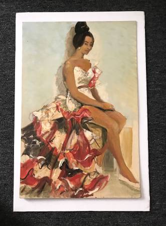 Vintage Original 36" Untitled Painting Seniorita, Red White Dress 1