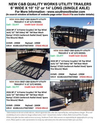 NEW CBQT UTILITY TRAILERS @ SOUTHWEST TRAILER SALES (760) 788-8900 1