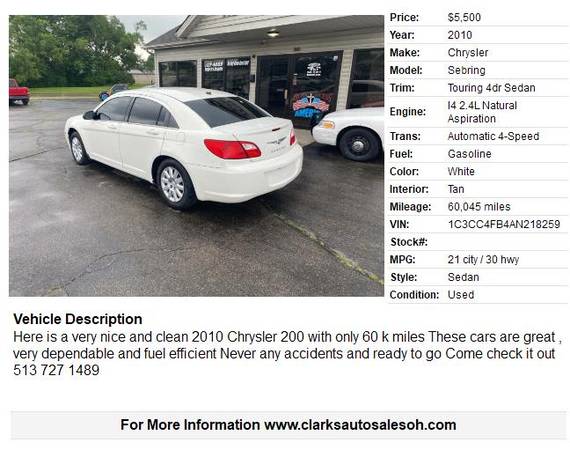 2010 Chrysler Sebring Touring 4 puertas Sedán 60045 millas - $5.500 (middletown)63470600038275121